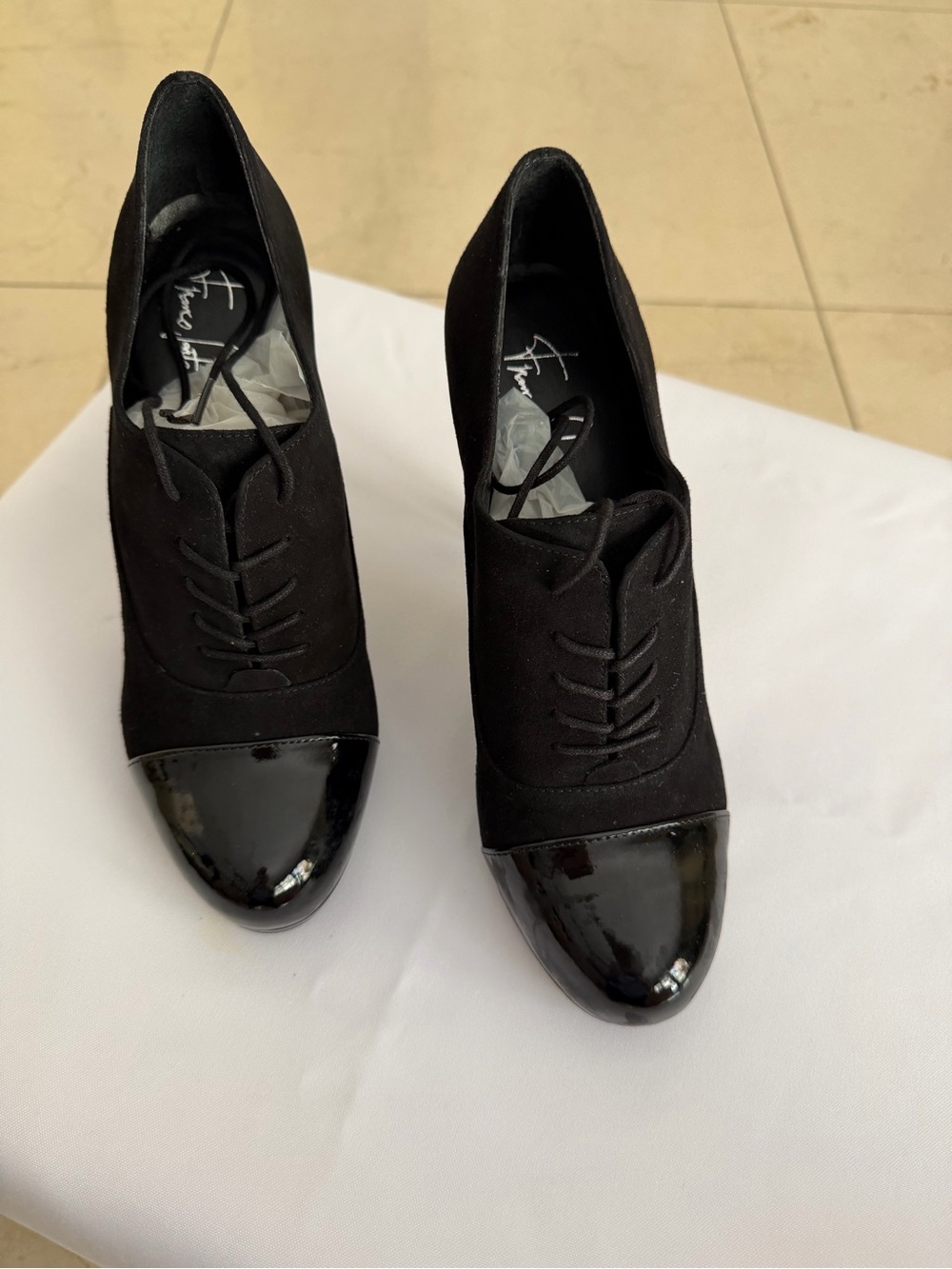Franco Sarto Black Suede and Patent Cap-Toe Lace-Up Heels